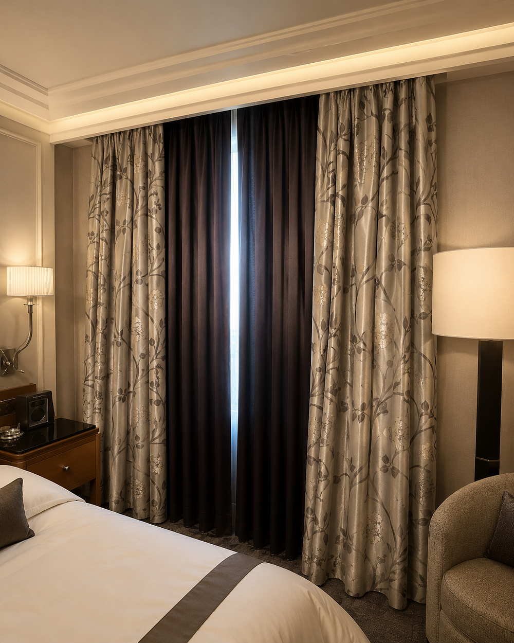 Lot 1028: A Luxury Window Drapery Suite Comprising Three Pairs of Silk Interlined Curtains and Coordinating