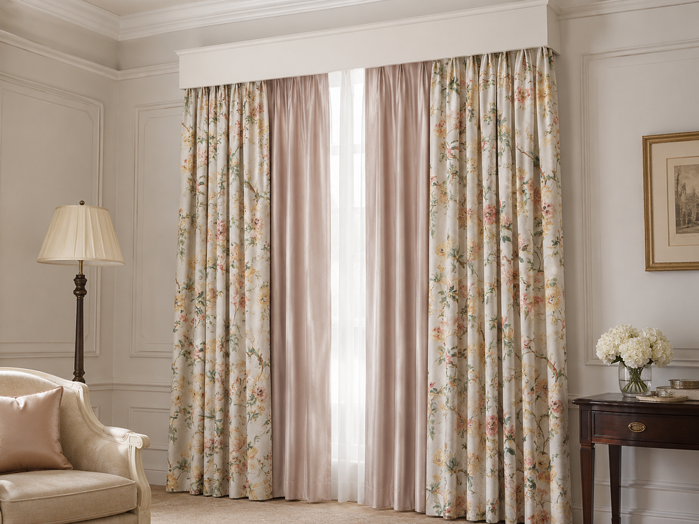 Lot 1252: A Comprehensive Luxury Window Drapery Suite Comprising Three Pairs of Custom-Tailored Curtains
