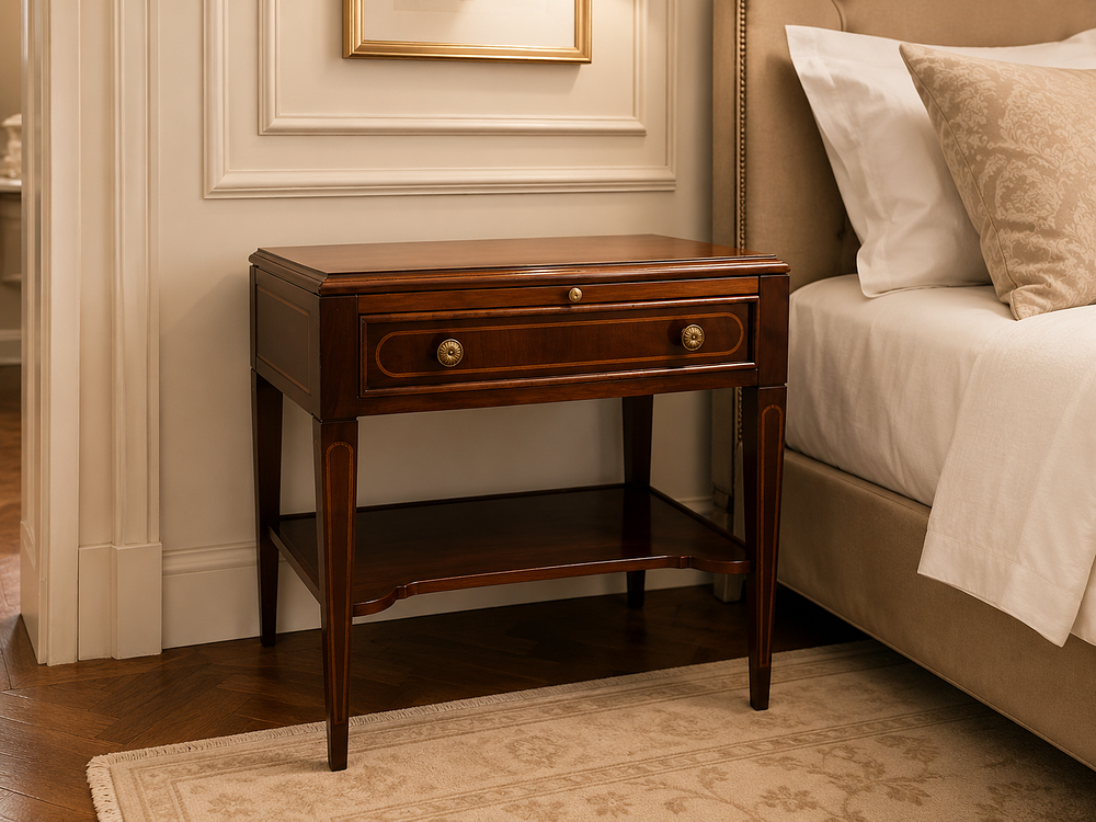 Lot 1313: A Pair of George III Style Mahogany and Satinwood Inlaid Bedside Tables by Francesco Molon