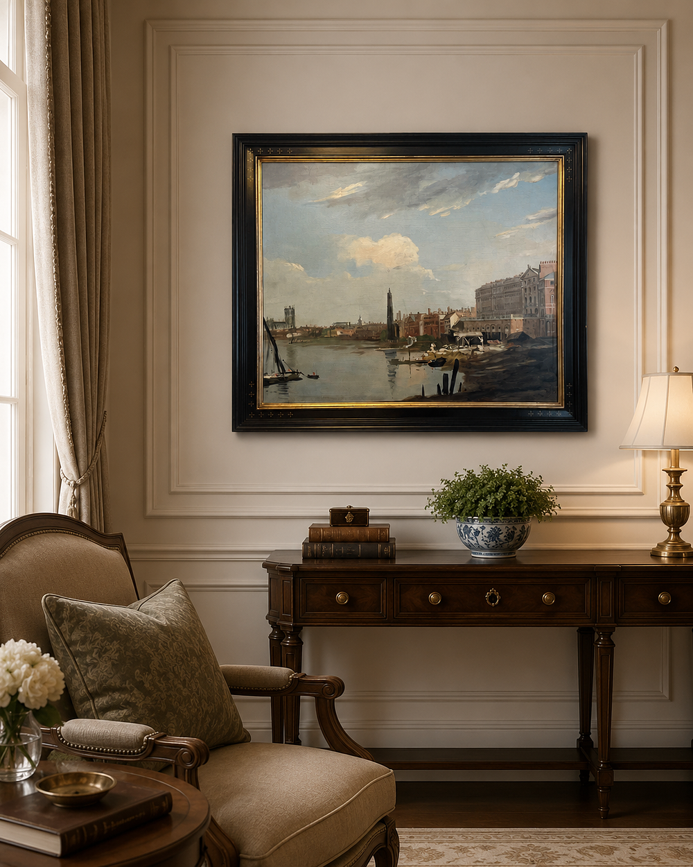 Lot 1329: A Large Framed Giclée Canvas Reproduction of Edward Dayes's "Somerset House from the Thames"