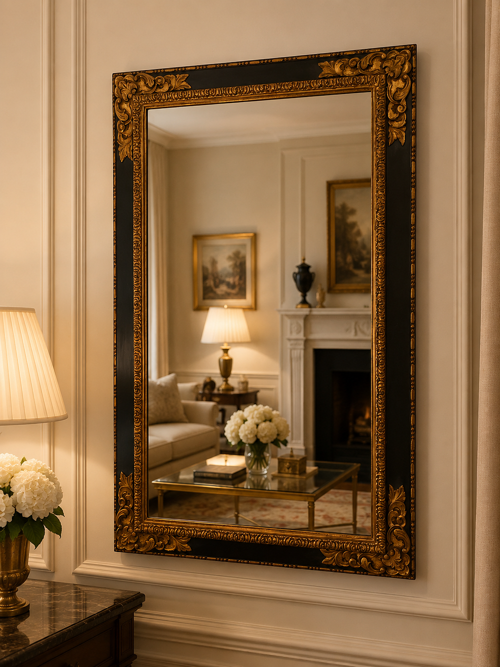 Lot 1601: A Revival Regency Style Ebonised and Gilt Wall Mirror