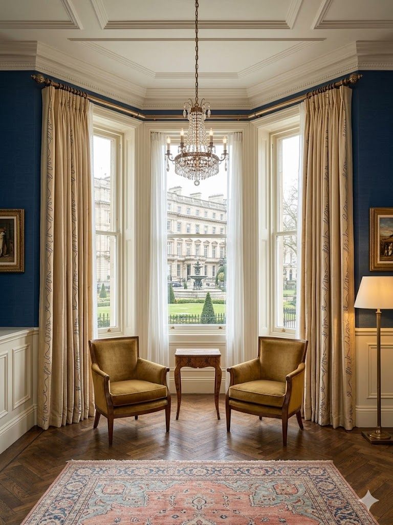 Lot 1644: A pair of silk Luxury Window Drapery Suite Comprising a Pair of Silk Interlined Curtains and