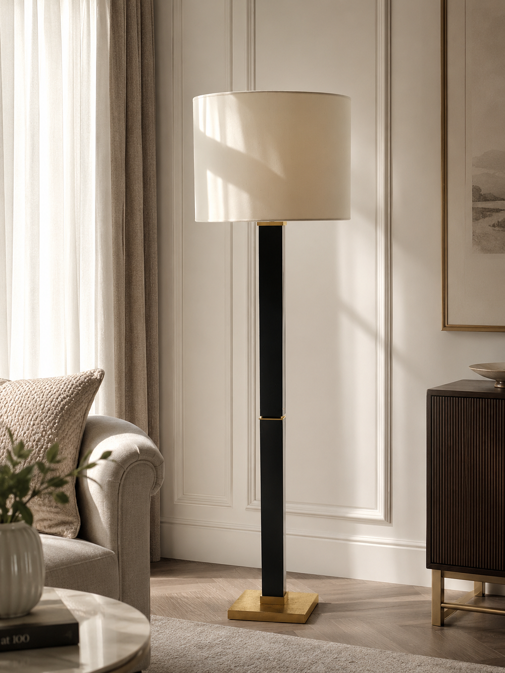 Lot 1680: A Mid-Century Style Walnut and Antiqued Brass Floor Lamp by Zonca Voghera
