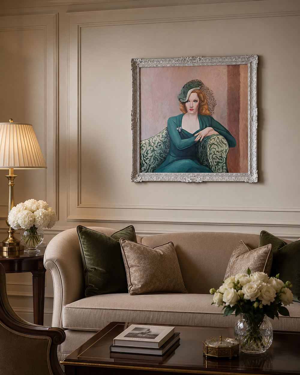 Lot 1692: A Large Framed Giclée on Canvas After Tamara de Lempicka (1898–1980), Portrait of Marlene Dietrich