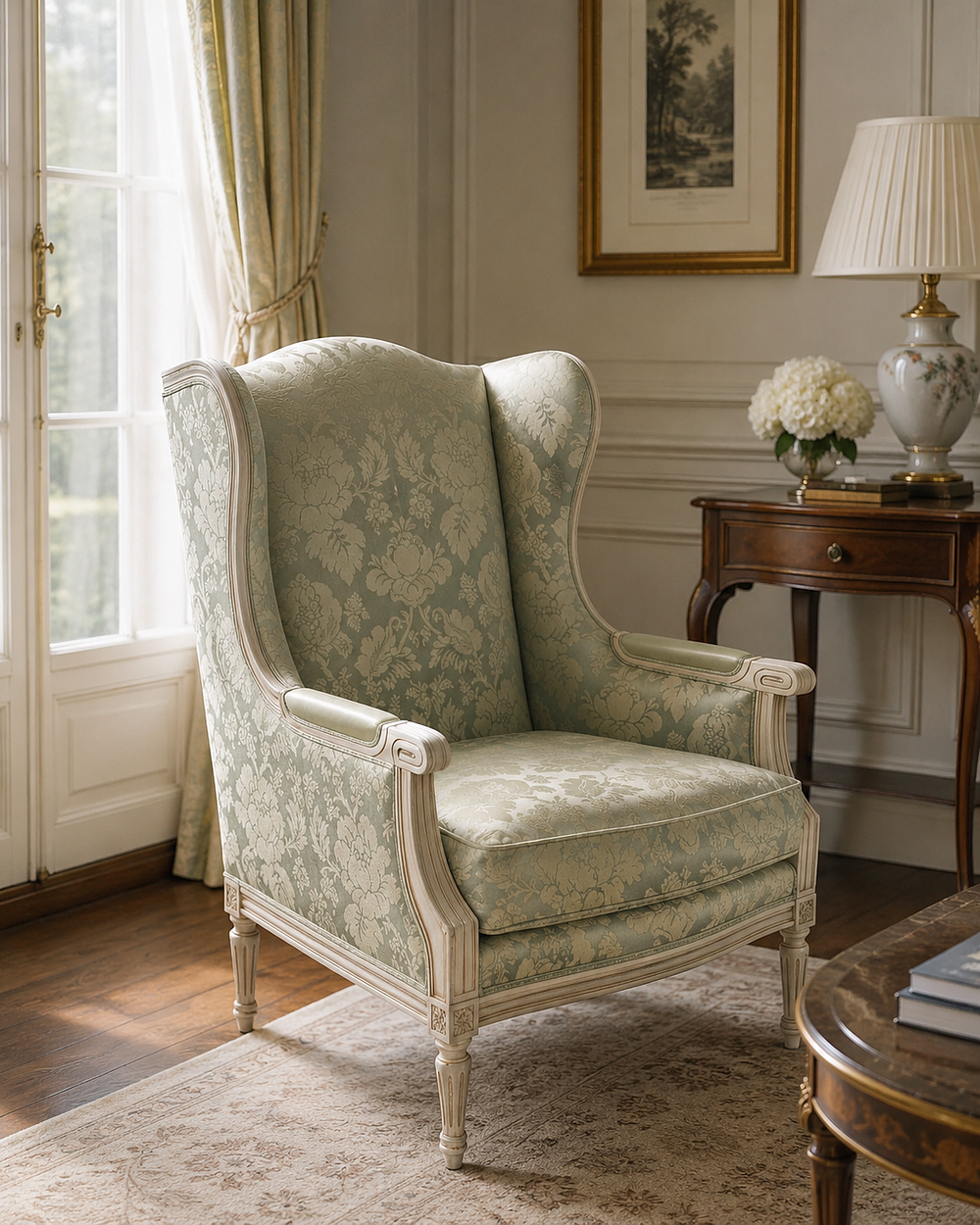 Lot 1865: A Louis XVI Style Carved Beechwood Wingback Armchair (Bergère à Oreilles)