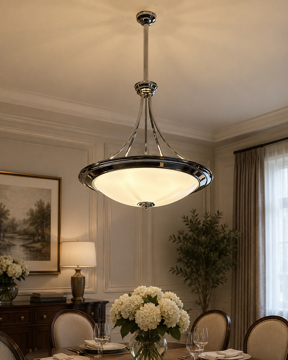 Lot 1899: Plafonnier – Chromium-Plated Multi Lamp Pendant Light with Opaque Diffuser