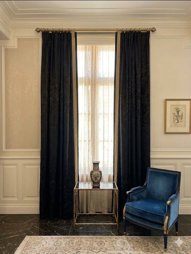 Lot 2065: 2 x pairs silk black drapes with decorative trim 100 x 240cm [ Note this lot cannot be collected