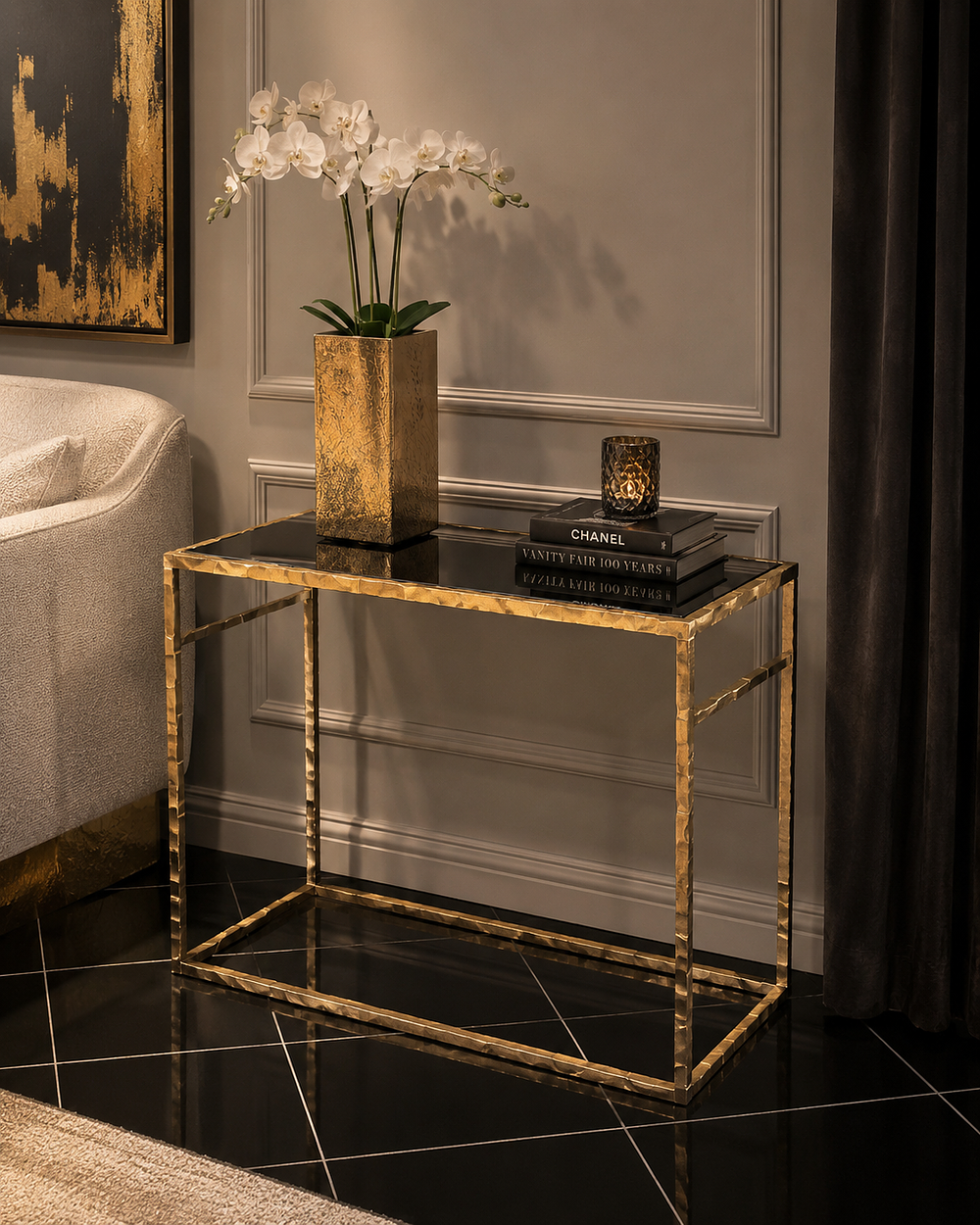 Lot 2066: A Mid-Century Contemporary Gilt and Black Glass Table