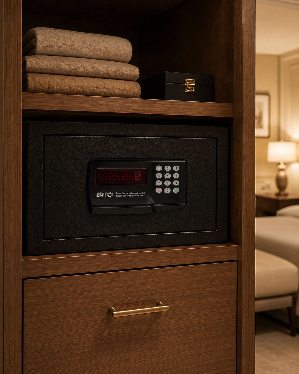 Lot 3192: A JSH digital room safe featuring a textured matte black steel construction