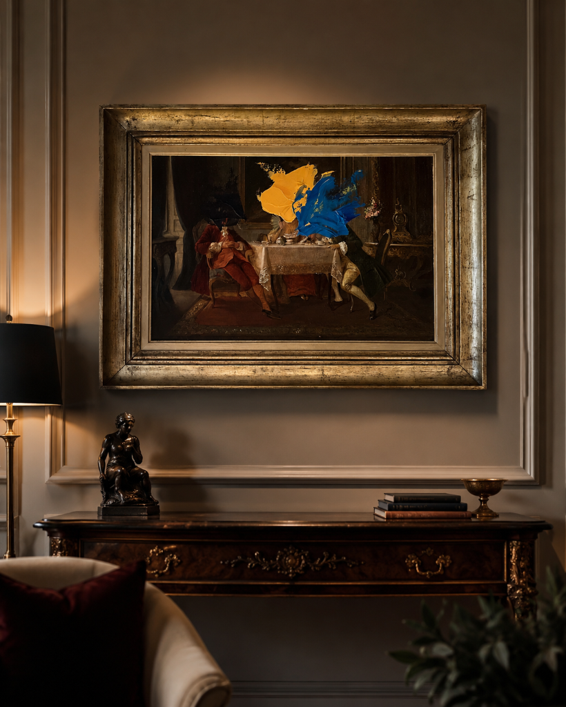 Lot 289: A Contemporary "Altered Art" Mixed Media Painting – Classical Interior Scene