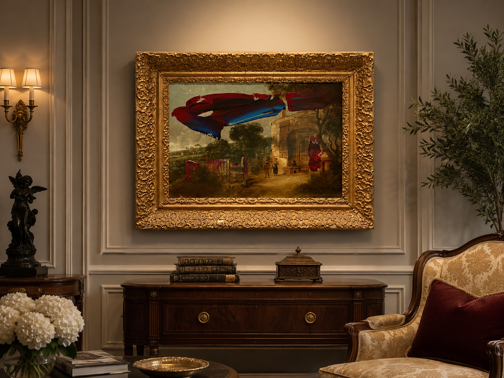 Lot 298: A Contemporary "Altered Art" Painting – Classical Landscape with Arcadian Architecture
