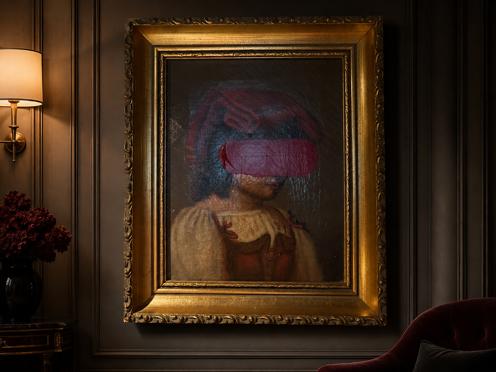 Lot 299: A Contemporary "Altered Art" Painting – Portrait in Gilt Frame