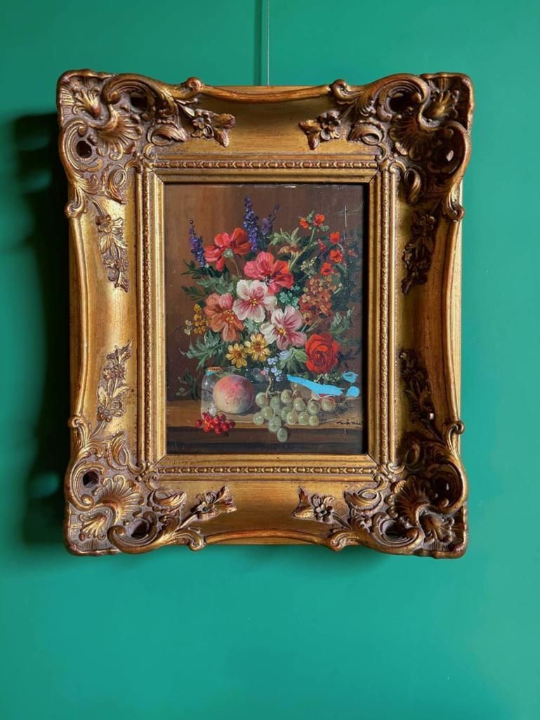 Lot 314: A Contemporary "Altered Art" Painting – Floral Still Life in Grand Ornate Frame