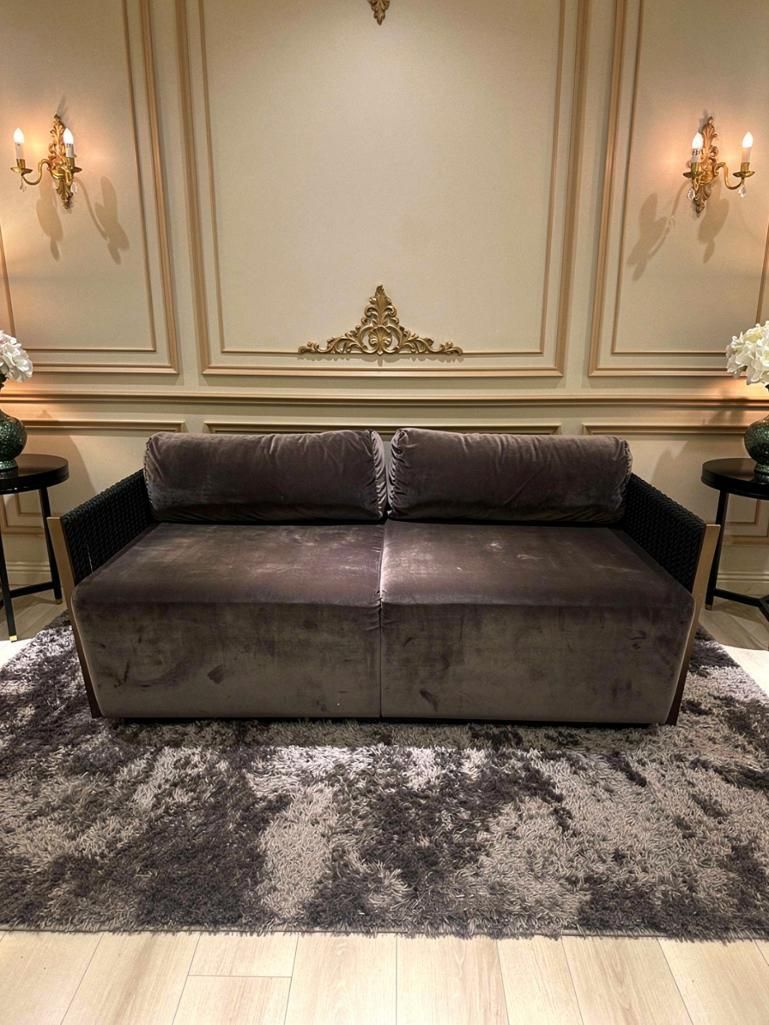 Lot 369: A Contemporary Three-Seater Sofa – Velvet & Woven Rope