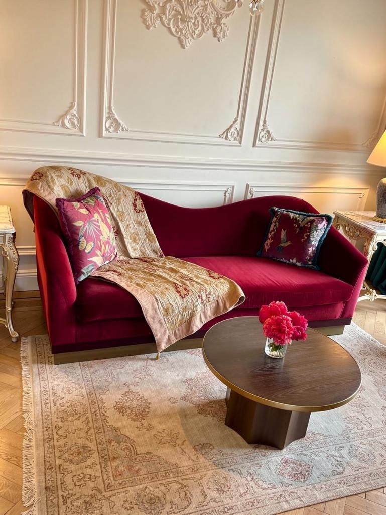 Lot 407: Art Deco-Inspired Asymmetrical "Golden Age" Velvet Sofa Drawing its sweeping design cues from the