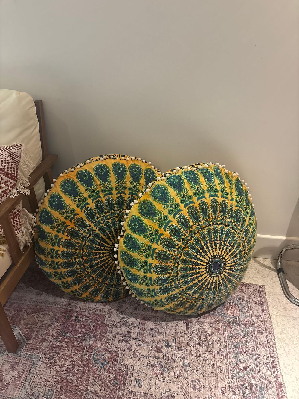Lot 463: A Pair of Large Bohemian Mandala Floor Cushions – Peacock Green and Yellow over-plump statement