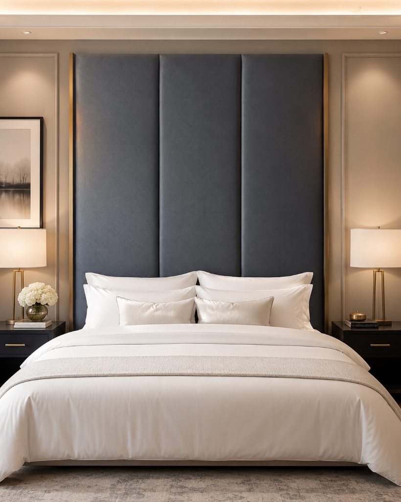 Lot 1606: UK-Made Contemporary Floor-to-Ceiling Fluted Headboard by Curtis bring instant boutique hotel