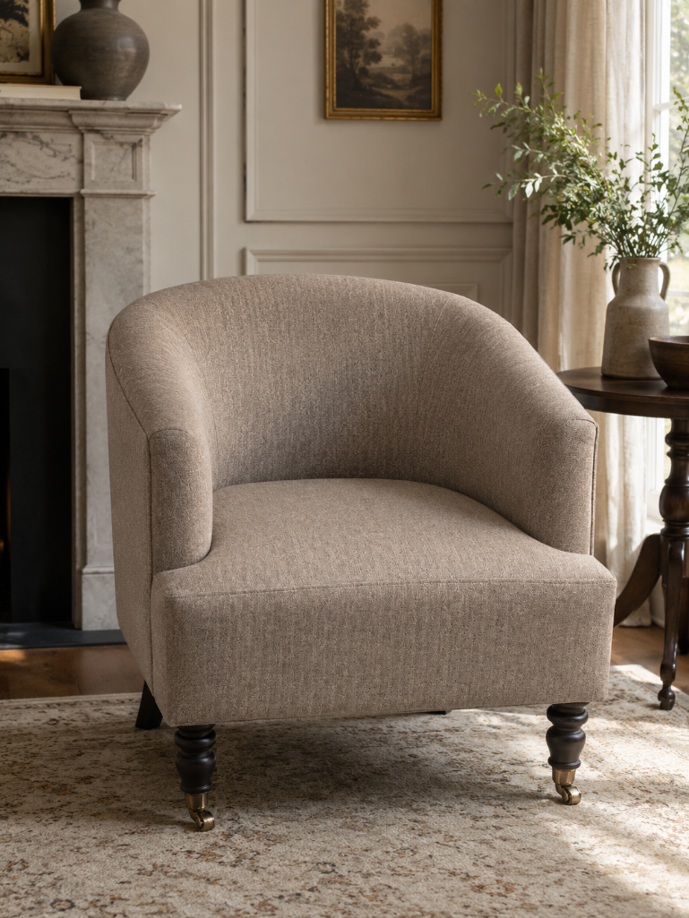 Lot 1664: Mid-Century Style Fabric Gold Tub Armchairs Inject a touch of retro charm and a bold pop of colour