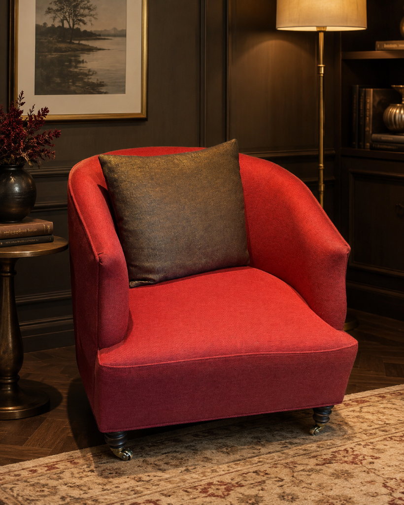 Lot 1665: Mid-Century Style Fabric Tub Armchairs Inject a touch of retro charm and a bold pop of colour into