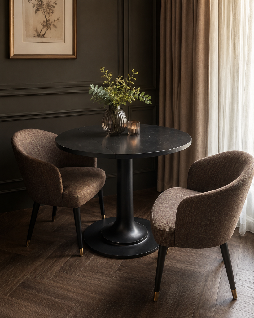 Lot 2079: Curtis Furniture Space-Saving Drop Leaf Dining Table with Two 'Emi' Tub Chairs Maximise your space