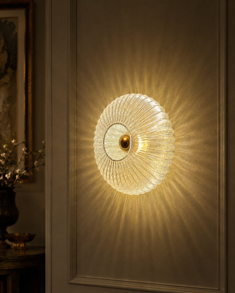 Lot 2815C: 4x Chelsom Glass Effect GE/742/SMOKE wall lamp Deeply ribbed elliptical shaped mouthblown Veneto