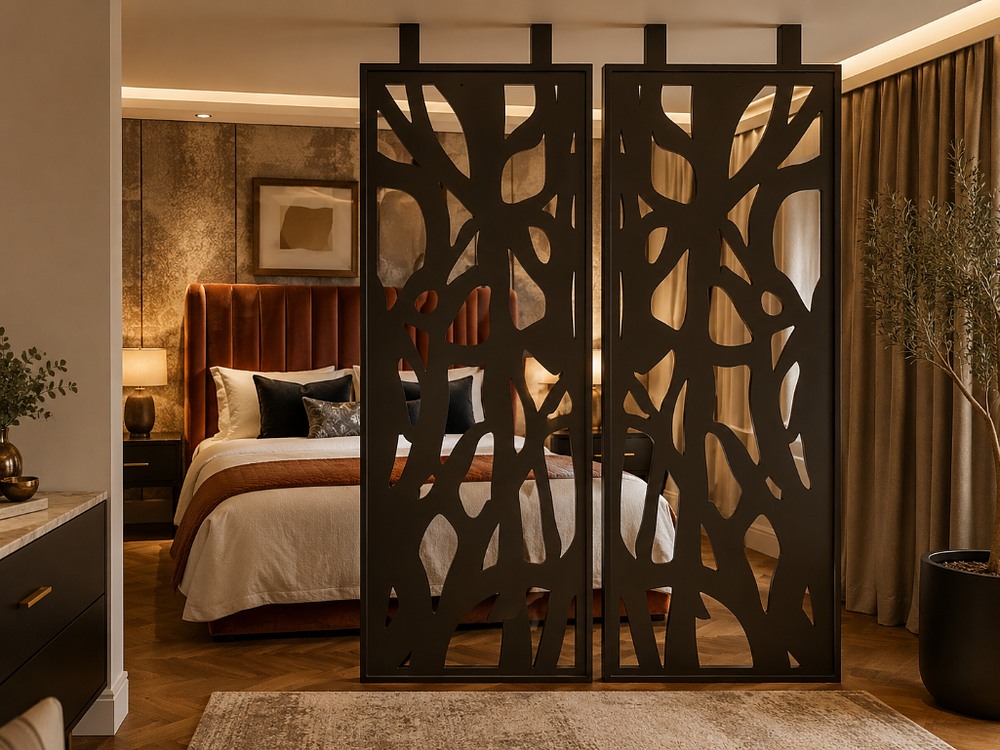 Lot 2850: Laser-Cut Metal Space Divider Screen – Art Deco & Botanical Motif