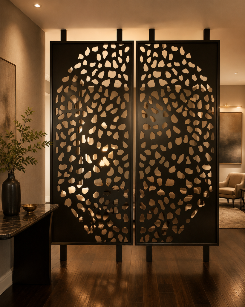 Lot 2871: Laser-Cut Metal Space Divider Screen – Art Deco & Botanical Motif