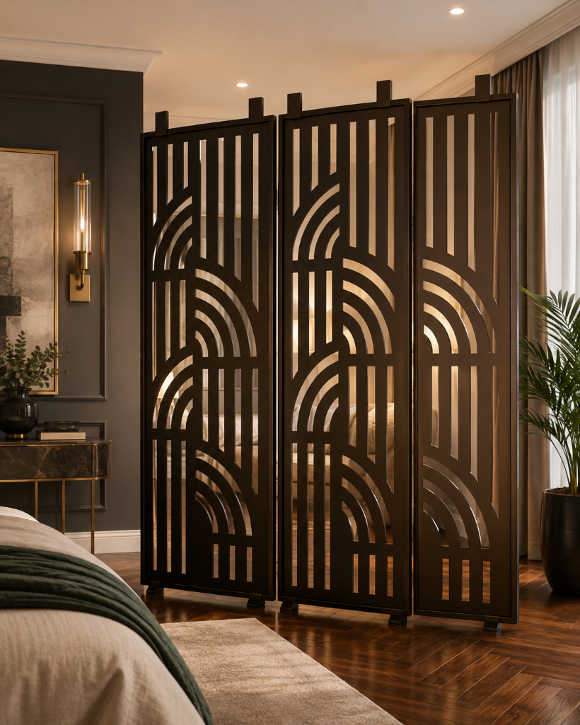 Lot 2898: Laser-Cut Metal Space Divider Screen – Art Deco & Botanical Motif