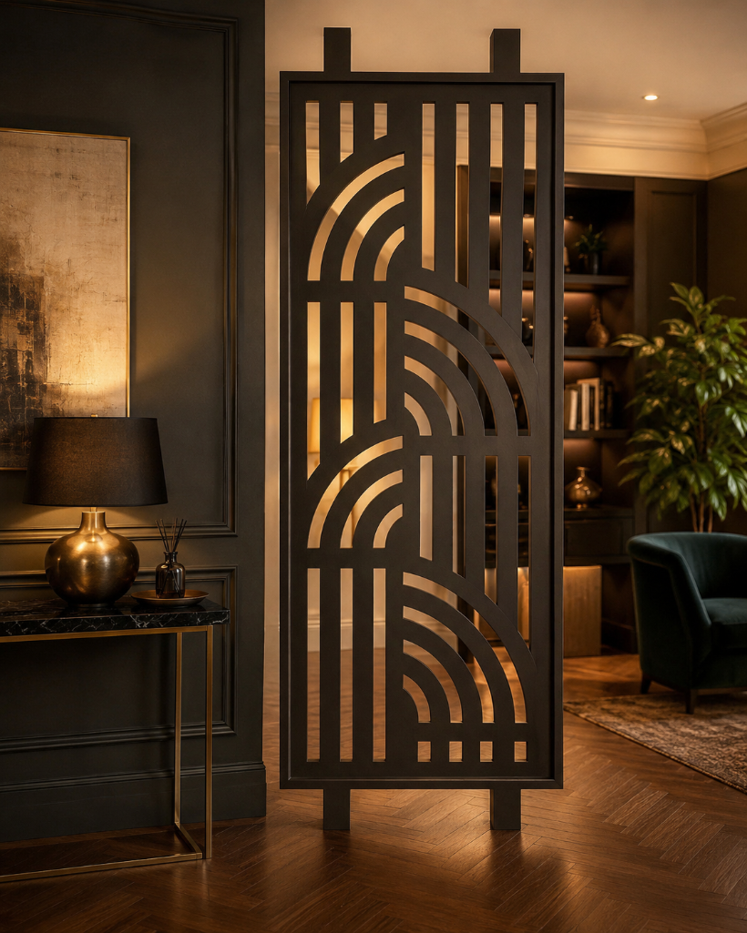 Lot 2914: Laser-Cut Metal Space Divider Screen – Art Deco & Botanical Motif