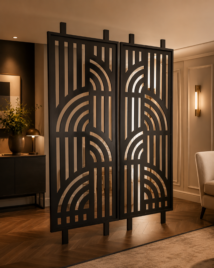 Lot 2918: Laser-Cut Metal Space Divider Screen – Art Deco & Botanical Motif