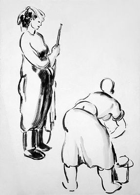 БРУНИ Татьяна Георгиевна - &laquo;Уборщицы&raquo;, к. 1940-х – 1950-е гг. Очень хорошая сохранность! Бумага 