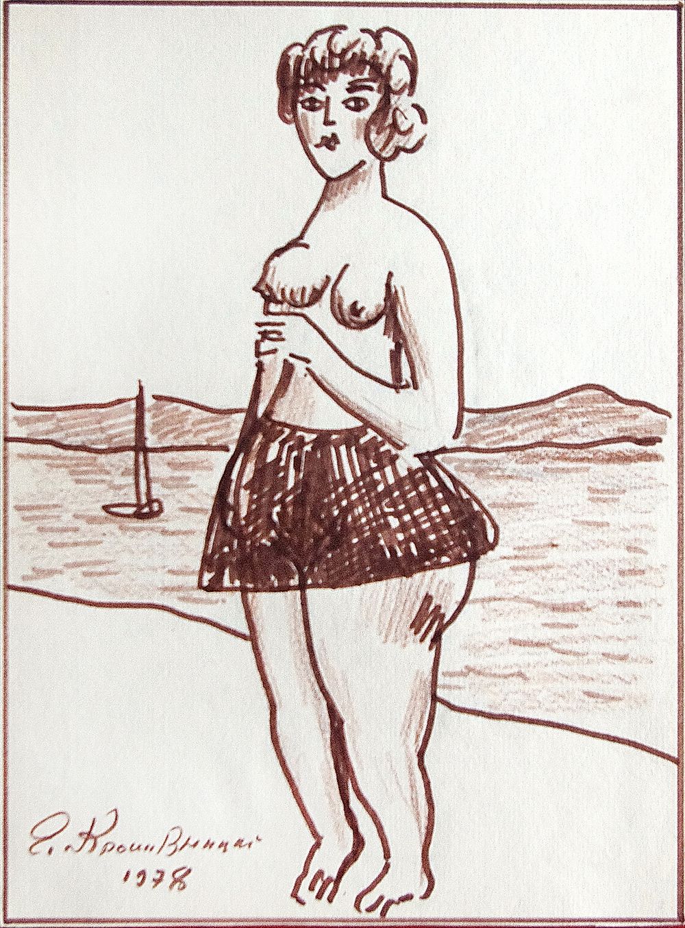КРОПИВНИЦКИЙ Евгений Леонидович - &laquo;Девушка на берегу&raquo;, 1978 г. КОЛЛЕКЦИОННАЯ СОХРАННОСТЬ! Бумага 