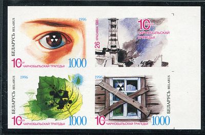 1996 г. Беларусь. 10 лет Чернобыльской трагедии. Беззубцовый квартблок на специальной бумаге.