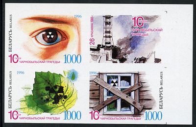 1996 г. Беларусь. 10 лет Чернобыльской трагедии. Mi 133-135. Беззубцовый квартблок на спец.бумаге.