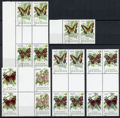 1993 г. Молдова. Бабочки. Mi 77-80.Гаттер квартблоки+двойная перфорация.