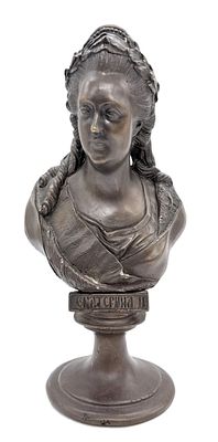 Екатерина II. Бюст императрицы. Бронза. Круглое клеймо &laquo;ОТЪ М.Ф. 1868 НА 10 ЛЕТЪ&raquo; Размер 24 х 