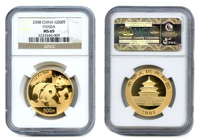 2008 г. Китай. 500 юаней. Золото. Панда. В слабе NGC MS 69.