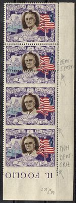 1947 г. Сан-Марино. Ф.Д. Рузвельт. Mi 358 var. Сцепка из 4 х марок Пропуск перф. У 2 х марок.