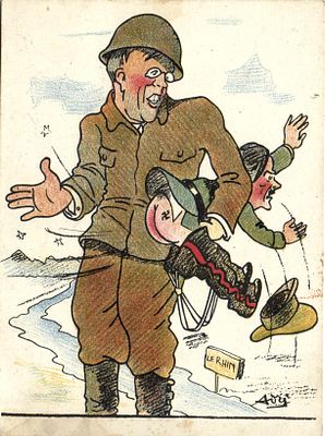 Антифашистская пропаганда , открытка изд. Франция . Гитлер получает по …