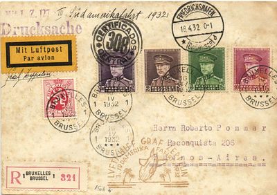 1932 г. Авиапочтовое Заказное письмо из Брюсселя Бельгия третий перелет Дирижабля "Граф 