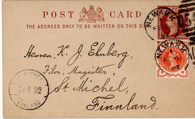 1892 г. Почтовая карточка из Англии в русскую Финляндию.