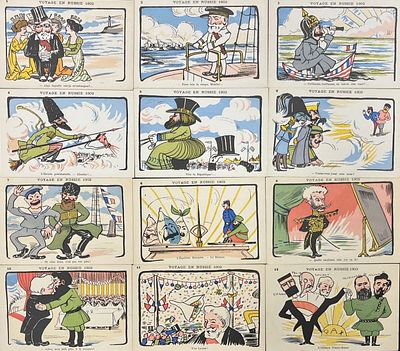 1902 г. Политическая каракатура - "Визит в Россию" комплект из 12 открыток.