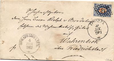 30 дек. 1861 Письмо из Гробинъ Курляндская Губерния. в Фридрихштадт 4 янв. 1862 . Франкировано 