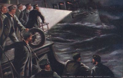 Русско-японская война. Русский военный корабль останавливает английское торговое судно.