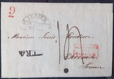 1834 г. 16.8. Письмо из СПб во Францию через Любек 22.8. и Реймс 24.8. с пометками разных 