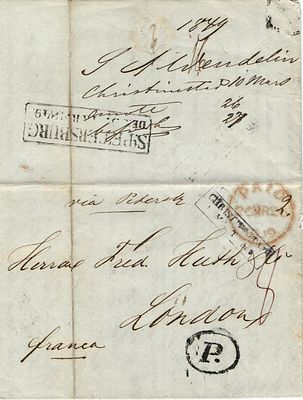 1849 г. 10 март. Письмо из Кристианштадт в Лондон с пометкой оплачено через СПБ, Францию.
