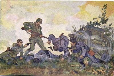 "Конец фашистской батареи ", артиллерия. Худ. Н.Кочергин.