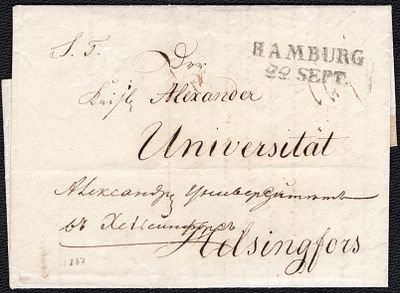 1837 г. Письмо из Гамбурга, Германия, в Гельсингфорс, княжество Финляндское.