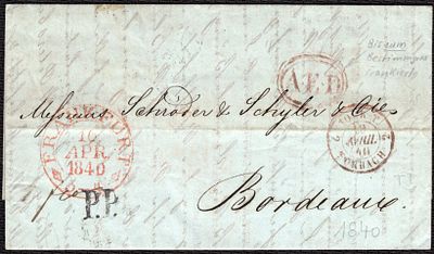 1840 г. 20 май. Письмо из Москвы в Бордо, Франция, через Франкфурт 16 апр: Торбах, 19 апр.
