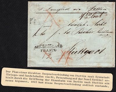 1846 г. 27 авг. Письмо из СПб в Штутгард через Берлин, Штеттен, с пометкой из России "оплачено".